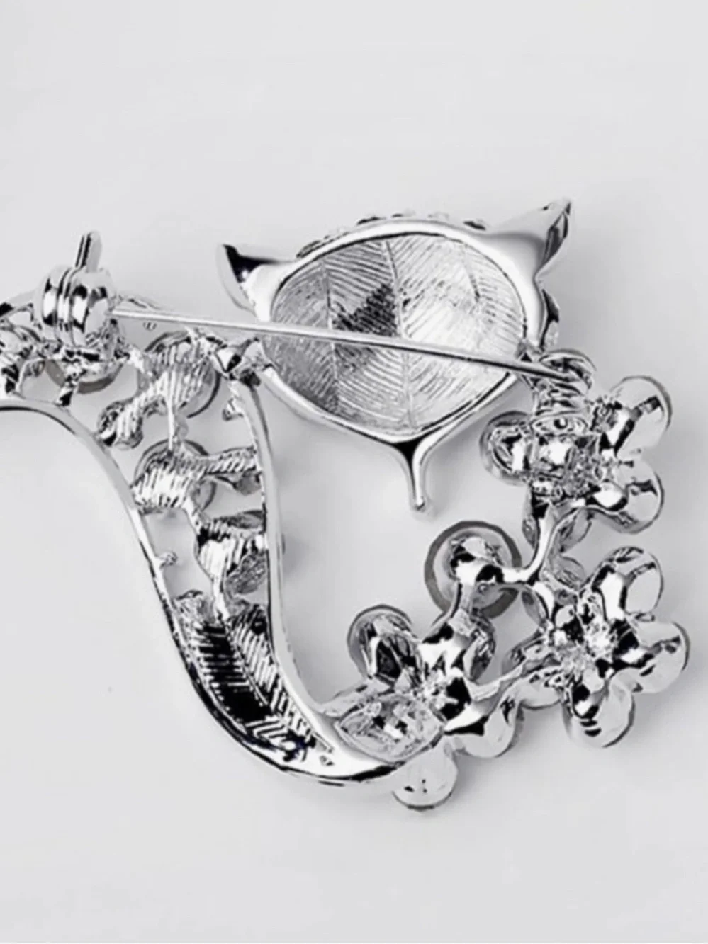Anthropologie Silver Crystal Fox Brooch with Aurora Flowers